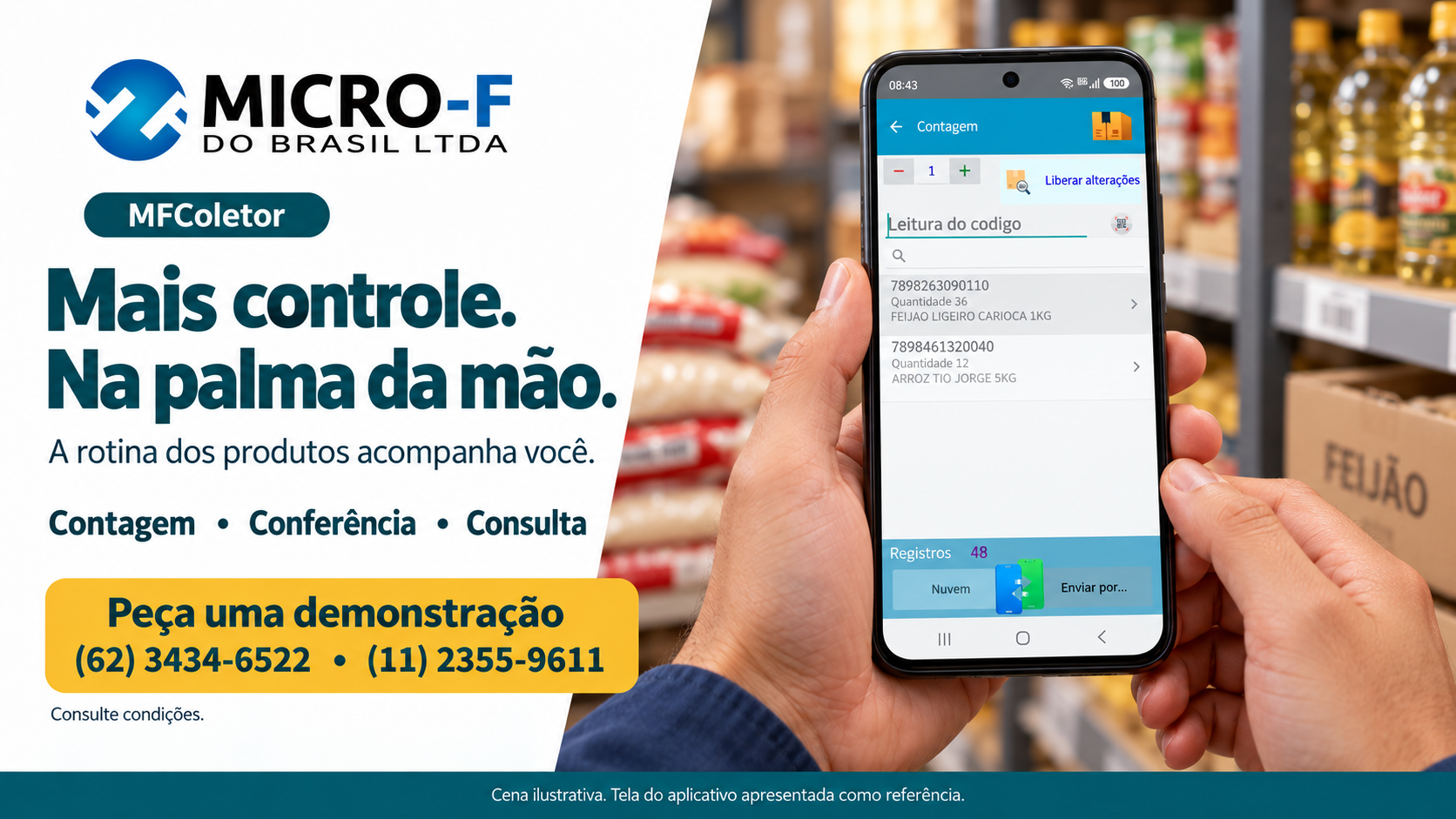 Apresentação do MFColetor com a tela do aplicativo em um celular