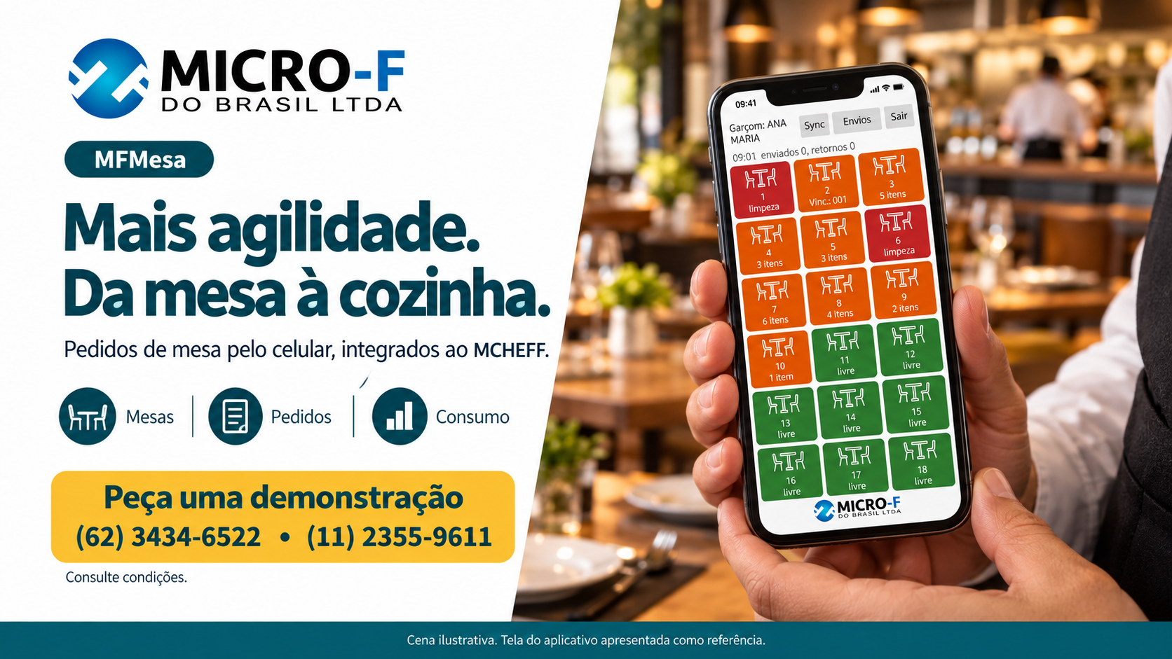 Apresentação do MFMesa com a tela do aplicativo em um celular