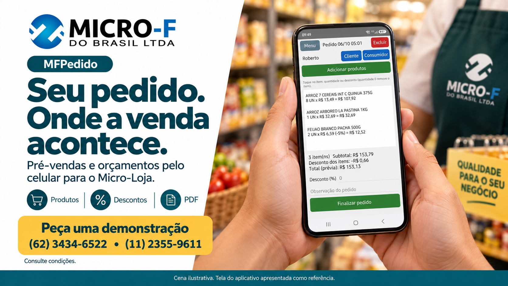 Apresentação do MFPedido com a tela do aplicativo em um celular
