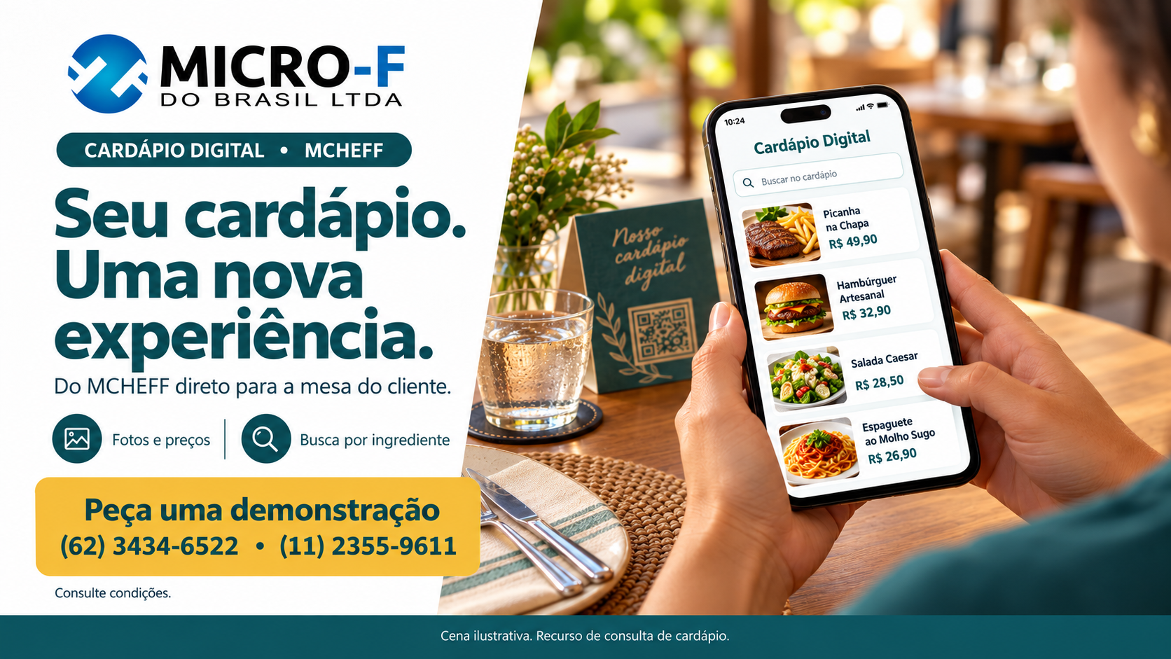 Cardápio Digital do MCHEFF: seu cardápio, uma nova experiência. Cena ilustrativa de consulta pelo celular.