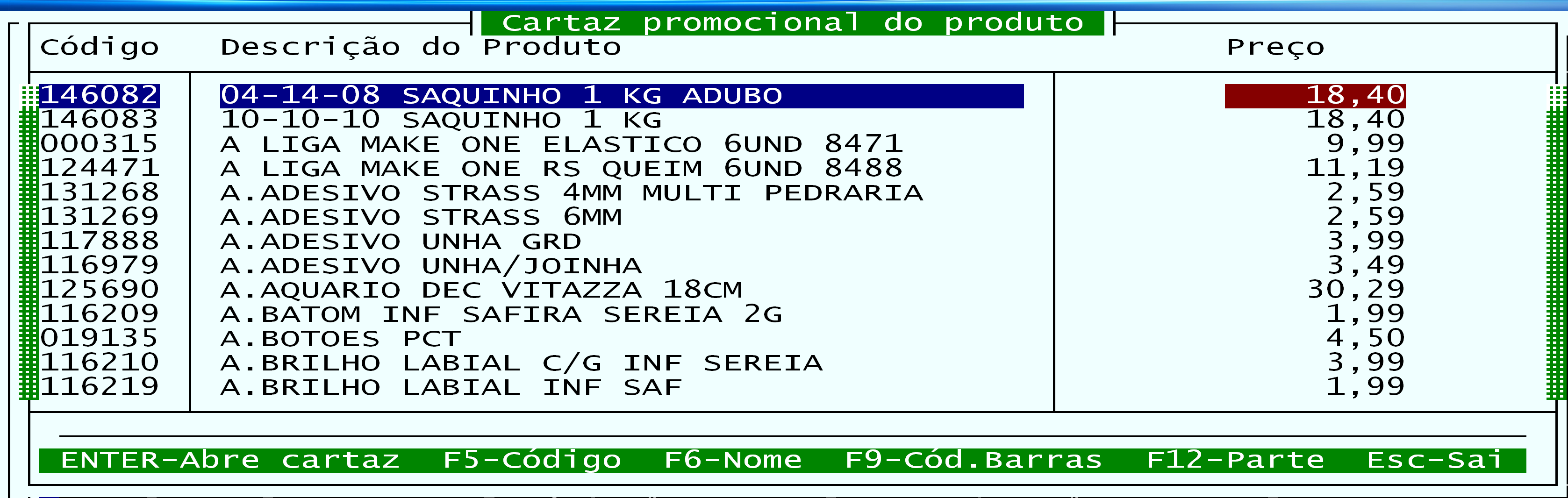 Tela de seleção de produtos do sistema com a opção de abrir o cartaz promocional