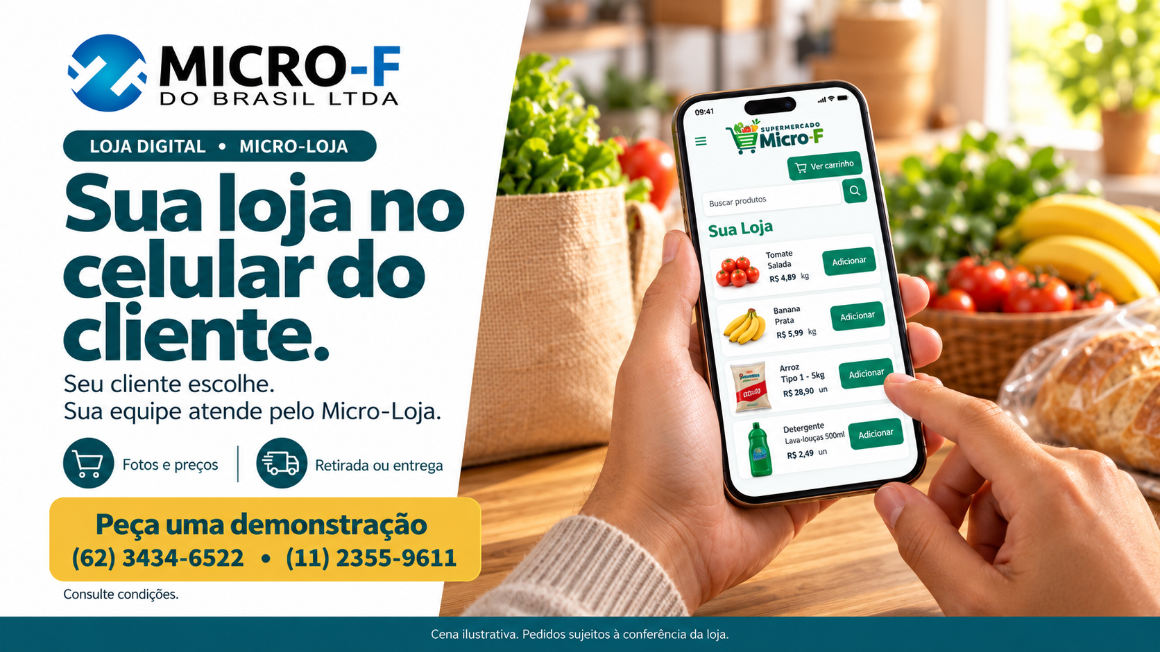 Loja Digital da Micro-F: sua loja no celular do cliente. Produtos com fotos e preços e pedidos para retirada ou entrega. Cena ilustrativa de compras pelo celular.