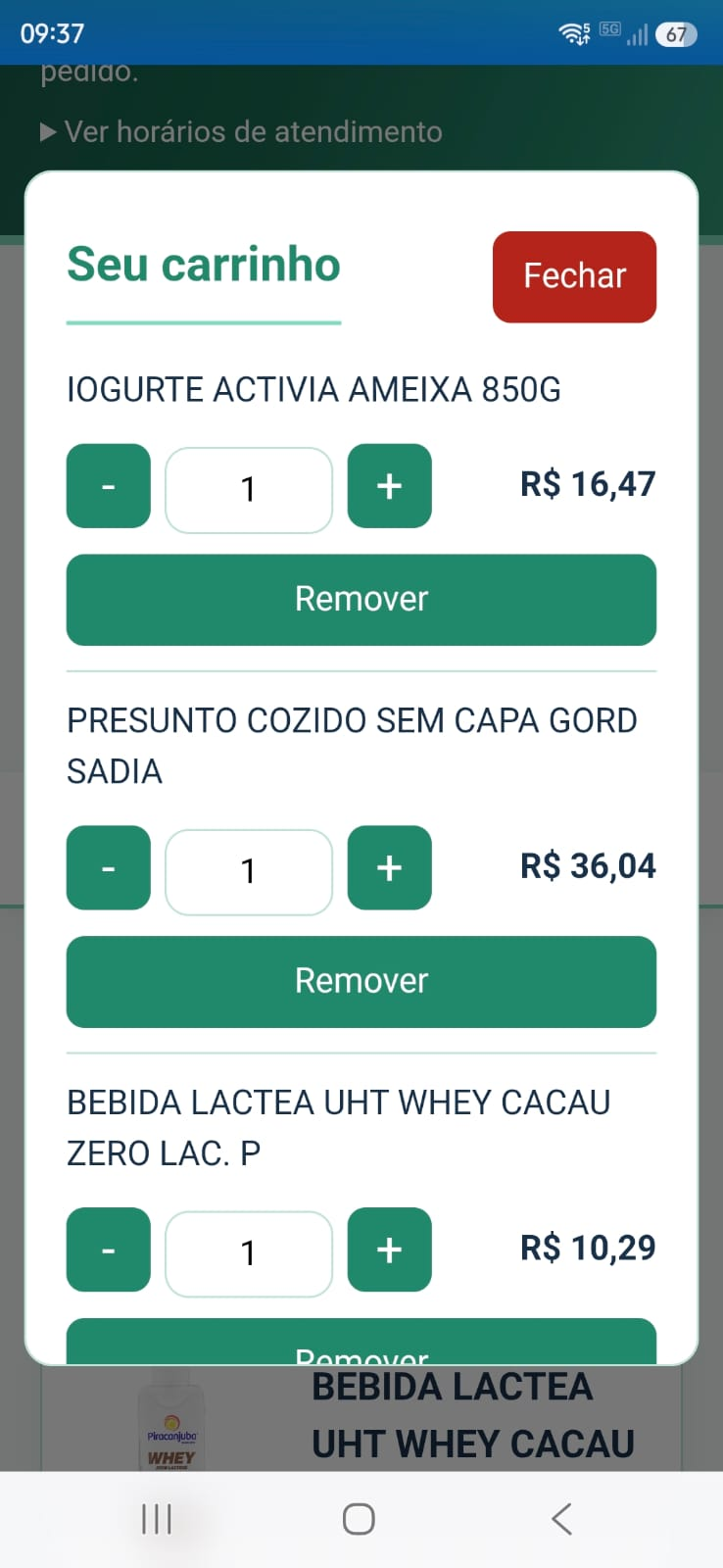 Carrinho com produtos e quantidades