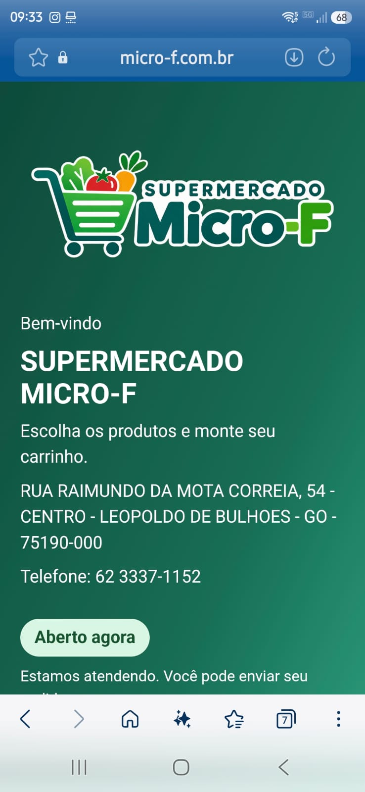 Página inicial da loja de demonstração no celular