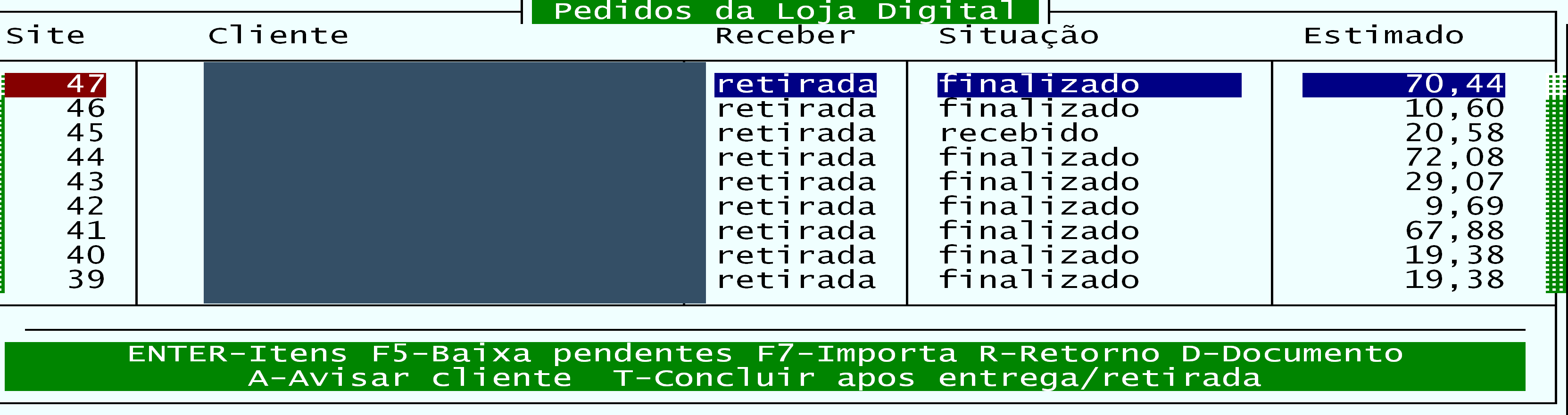 Lista de Pedidos Web no MLOJA, com situações de atendimento e dados pessoais ocultados