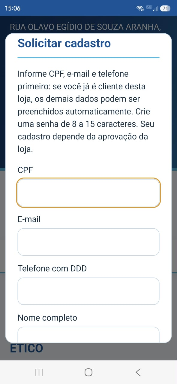 Formulário para o cliente solicitar cadastro na Loja Digital