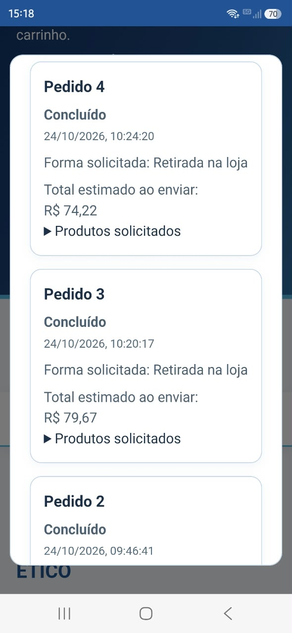 Área Meus pedidos no celular mostrando pedidos concluídos