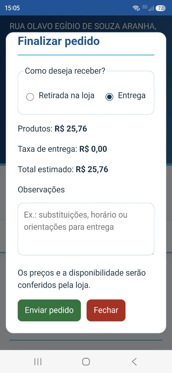 Pedido no celular com opções de retirada, entrega e observações